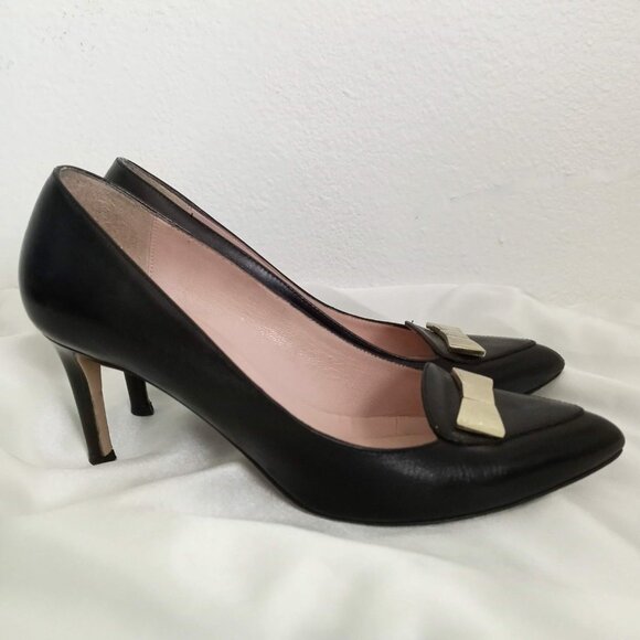 Kate Spade Gold Bow Black Leather Pumps High Heels Pointed Toe Embellished - Picture 2 of 10
